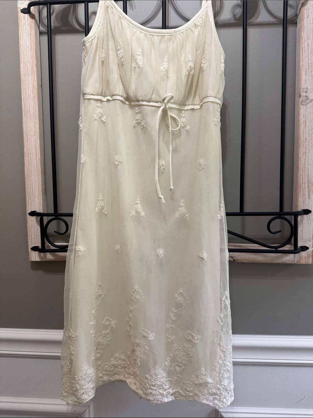 Sheer Ivory Embroidered Slip Dress Tie Waist Lace Bridal Wedding Balletcore